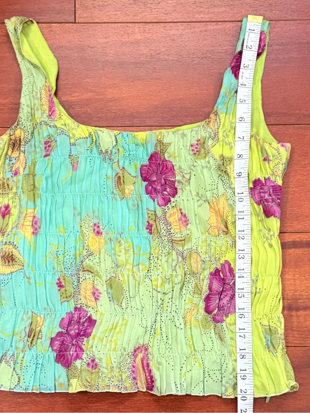 Smocked Square-Neck Tank Top in Lime Green with Purple Floral